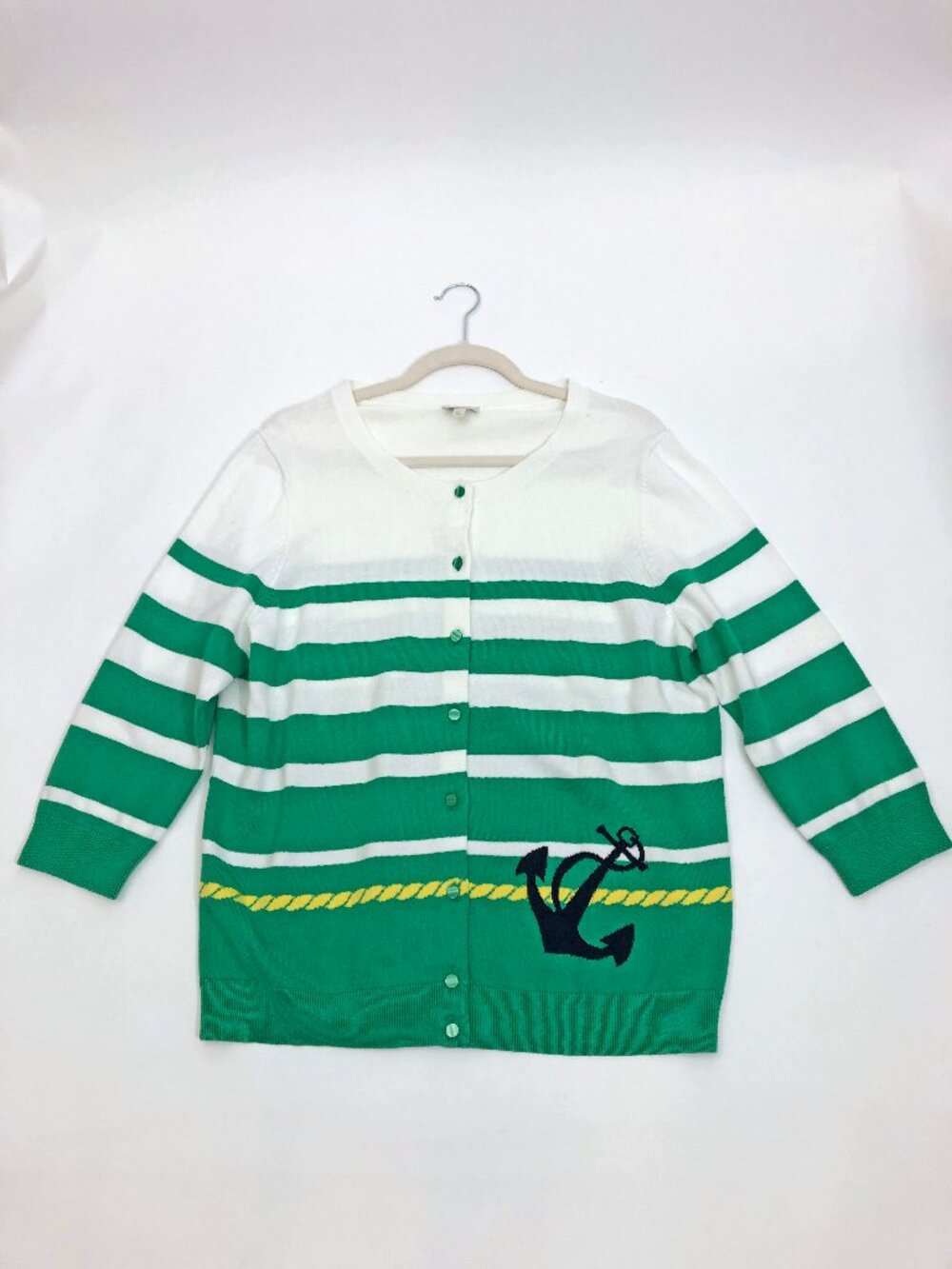 Talbots Women's Nautical 100% Cotton White & Green Stripped Cardigan Size XL